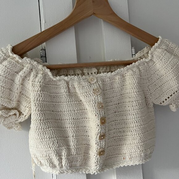 She Made Me Crochet Knit Off Shoulder Crop Top - Ivory - Size M - Picture 3 of 8